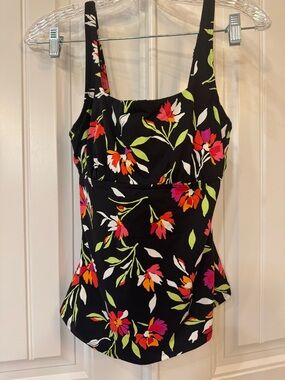Lands' End Black Floral Tankini Top with Bright Accent Flowers